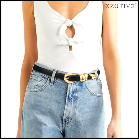 Skinny Leather Belt Gold Buckle Minimal Chic Classic Trendy Waist Accessory main image 6